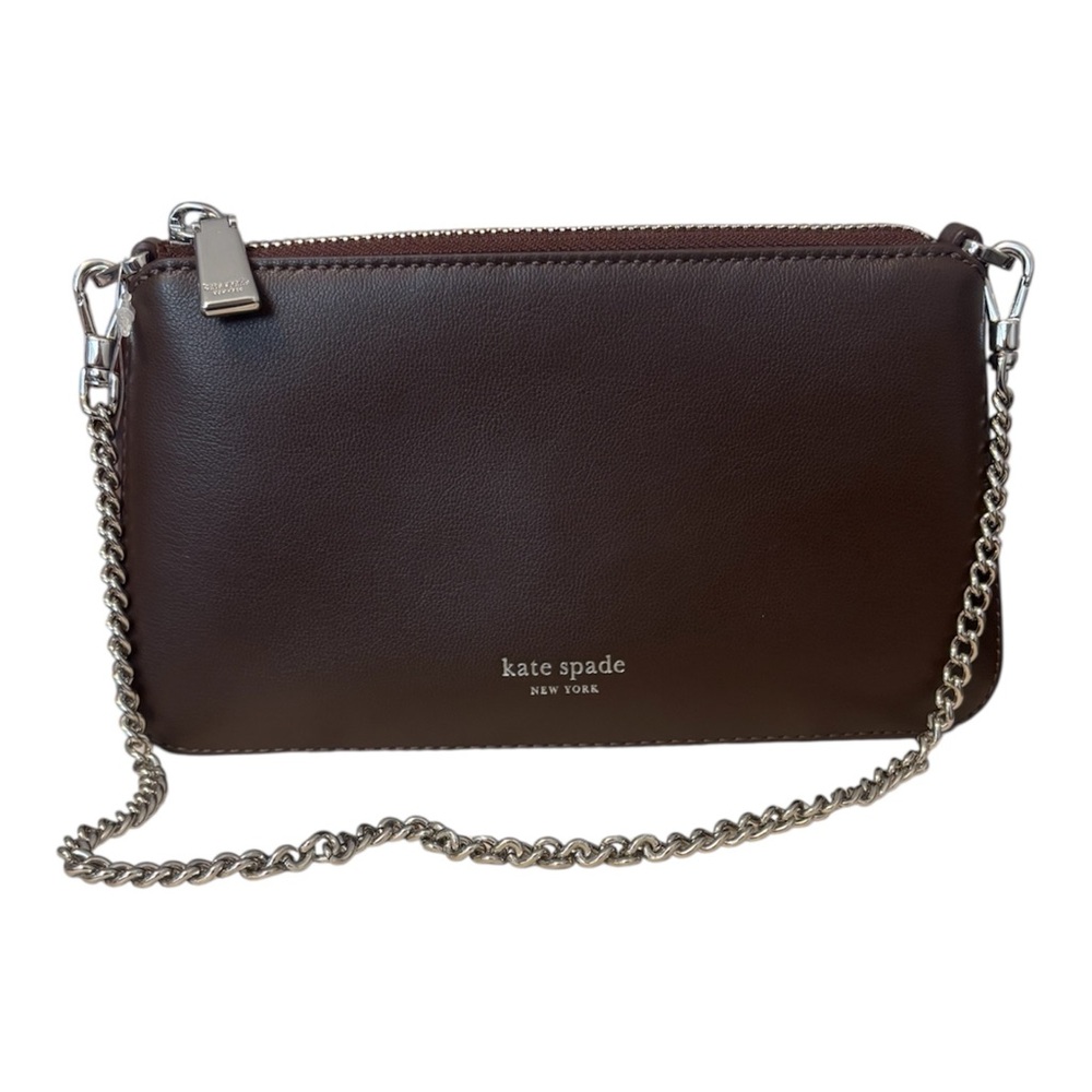 NWOT KATE SPADE Grace Pochette Bag Chocolate Brown Silver Hardware Leather Purse